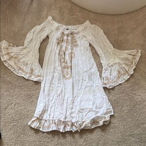 White and Tan Off-Shoulder Dress